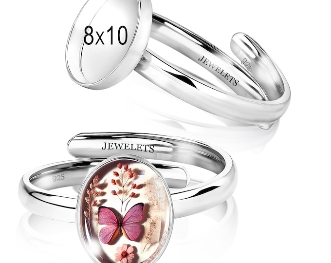 925 Sterling Silver 8x10mm Ring Blank – Oval Bezel Cup Adjustable Band – DIY Resin & Memory Jewelry Setting