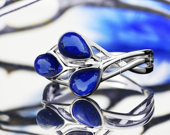 Lapis Lazuli Sterling Silver Statement Ring – Nature Inspired Design 3 Natural Pear Shaped Lapis Lazuli–Rhodium Plated Jewelry for Women