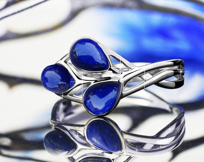 Lapis Lazuli Sterling Silver Statement Ring – Nature Inspired Design 3 Natural Pear Shaped Lapis Lazuli–Rhodium Plated Jewelry for Women
