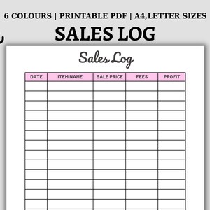 Puede incluir: Plantilla de registro de ventas imprimible con encabezados para la fecha, el nombre del artículo, el precio de venta, las tarifas y el beneficio. La plantilla está diseñada con un esquema de color rosa y negro.