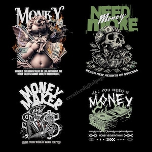 Money Streetwear PNG Bundle – Bold Urban Digital Designs for T-Shirts & Hoodies – Printable Download Set of 4 – Streetwear Cash Design