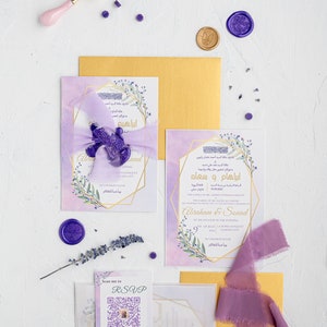 Lavender Heaven | Velino | Envelope com dobra | Lacre de cera | Convite de casamento | Fita de chiffon