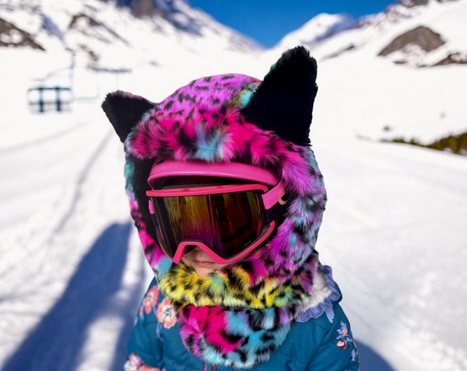 Fur Ski Hood - *KIDS* Cheetah Neon Rainbow