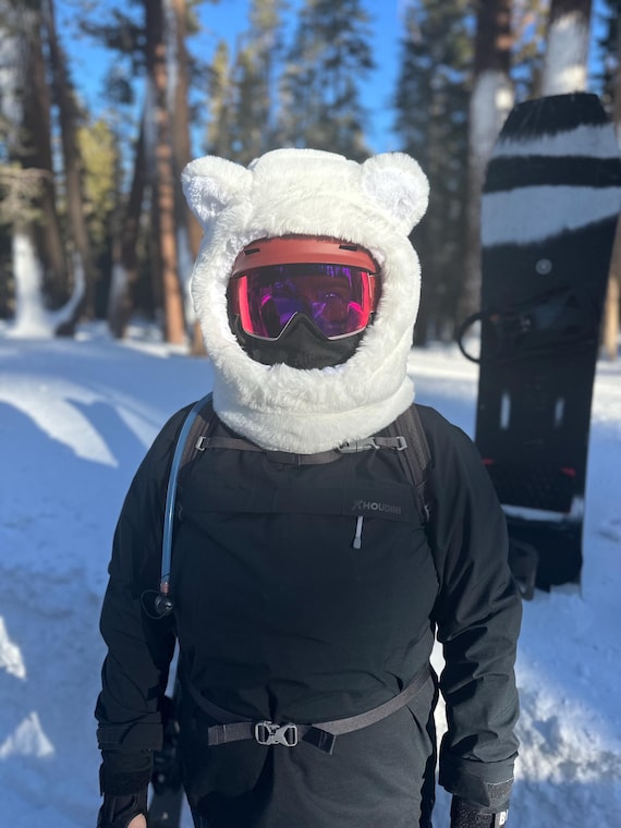 furry snowboarding helmets Snow Sports Cover, Winter Outdoor Sports Ski Helmet Warm Face Cover, Men Women Fun Rides Cartoon Plush Fluffy Cartoon Plush Fluffy Scarf Hat for Cold Weather (Helmet Not Included)-B Which hat to wear on skiing day Fur Ski Hood - Wolf