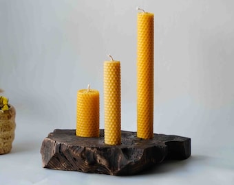 Yakisugi wooden candleholder in Japanese style made of burnt wood. Black candlestick - eco-friendly gift in a set with 100% beeswax candles.