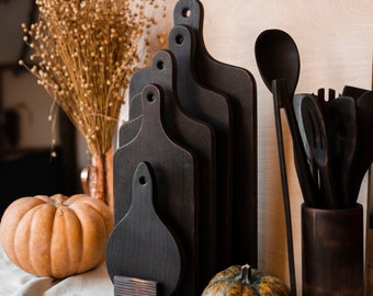 Set of Yakisugi cutting boards with stand. Serving boards. Wooden boards with handle. Minimalist design. Stylish kitchen. Charred Black wood