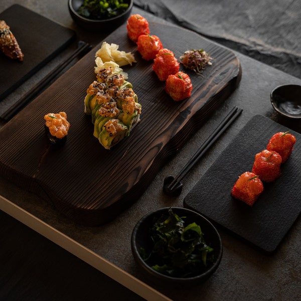 Large Yakisugi sushi set for 2/4. Charred black wood, big sushi set with chopsticks. Minimalist design. Natural & stylish kitchen. Wabi sabi