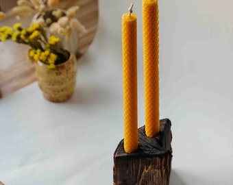 Yakisugi wooden candleholder in Japanese style made of burnt wood. Black candlestick - eco-friendly gift in a set with 100% beeswax candles.
