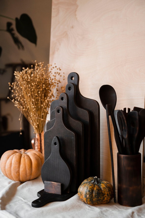 Set of Yakisugi cutting boards with stand. Serving boards. Wooden boards with handle. Minimalist design. Stylish kitchen. Charred Black wood