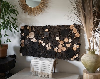 Yakisugi wood wall art. Black & white wood slices. Wooden mosaic.  Wood slices hanging wall art. Charred wood. Eco acoustic panel art.