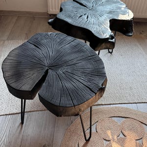 Yakisugi black wooden coffee table. Luxury & concept furniture.  Charred wood side table. Slice of burnt wood. Hairpin legs 20&quot;-24&quot;. 50-60cm