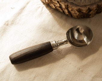 Yakisugi hand turned ice cream scoop. Charred black wood handle. Stainless steel. Kitchen gadget for your desert. Custom personalisation.
