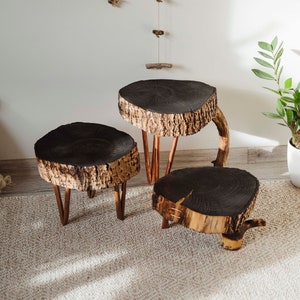 Burnt wood tables. Black wooden coffee table. Set of side tables. Yakisugi luxury furniture.  Charred wood mini coffee table. Plant stand.