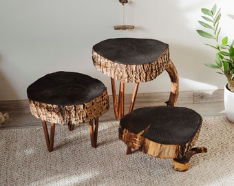 Burnt wood tables. Black wooden coffee table. Set of side tables. Yakisugi luxury furniture.  Charred wood mini coffee table. Plant stand.