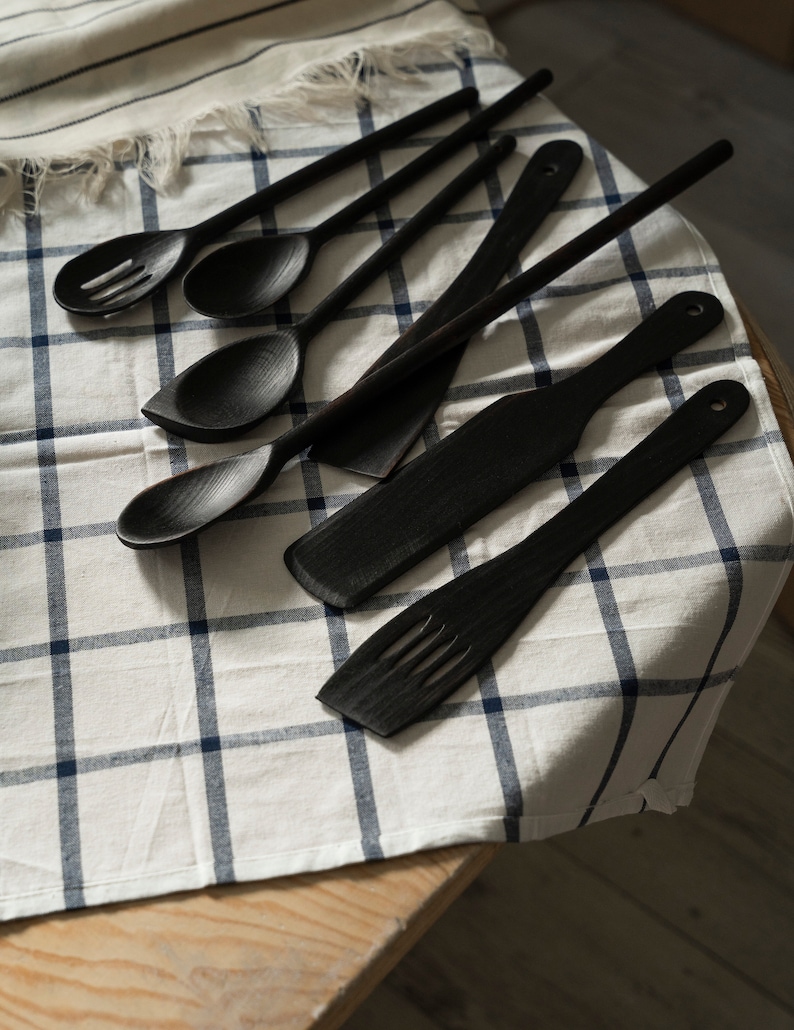 Set of wooden utensils for cooking made of quality, burnt wood, protected with pure linseed oil. Yakisugi style kitchen accessories. Tongs zdjęcie 2