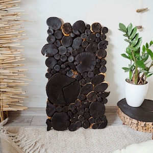 Yakisugi wood wall art. Wood slices art. Natural wall decor. Wooden mosaic.  Wood slices hanging wall art. Charred wood. Acoustic panel art