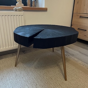 Yakisugi black wooden coffee table. Natural, concept furniture.  Charred wood side table. Slice of burnt wood. Hairpin legs. All sizes. 28&quot;