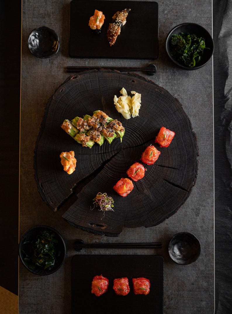 Large Yakisugi sushi set for 2/4. Charred black wood, big sushi set with chopsticks. Minimalist design. Natural & stylish kitchen. Wabi sabi Slice + 2x basic set