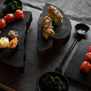 Large Yakisugi sushi set for 2/4. Charred black wood, big sushi set with chopsticks. Minimalist design. Natural & stylish kitchen. Wabi sabi image 6