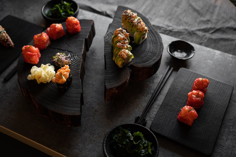 Large Yakisugi sushi set for 2/4. Charred black wood, big sushi set with chopsticks. Minimalist design. Natural & stylish kitchen. Wabi sabi image 6
