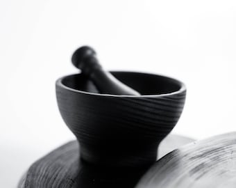 Yakisugi wooden mortar and pestle for spices and herbs. Black charred wood kitchen gadget. Wooden musher, muddler, crusher, garlic press.