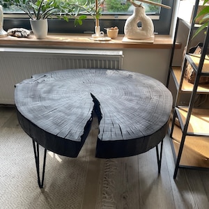 Yakisugi black wooden coffee table. Natural, concept furniture.  Charred wood side table. Slice of burnt wood. All types of legs 40&quot;