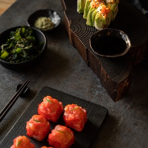 Large Yakisugi sushi set for 2/4. Charred black wood, big sushi set with chopsticks. Minimalist design. Natural & stylish kitchen. Wabi sabi image 9