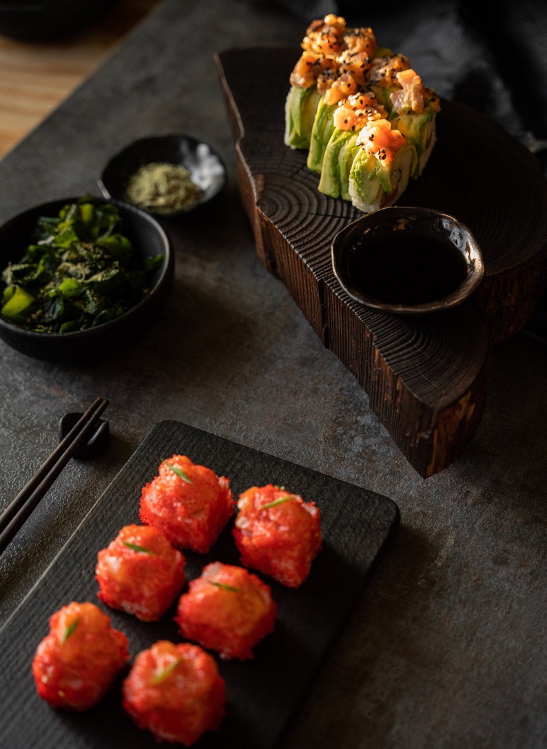 Large Yakisugi sushi set for 2/4. Charred black wood, big sushi set with chopsticks. Minimalist design. Natural & stylish kitchen. Wabi sabi image 9