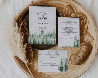 Plantilla de paquete de suite de invitación de boda de Pines / Descarga instantánea / Plantilla editable / Paquete de boda de bosque de acuarela