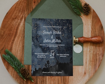 Starry Night Wedding Invitation | INSTANT DOWNLOAD | Editable Invite| Forest Wedding Invite | Rustic Watercolor Wedding Invite | Night Sky