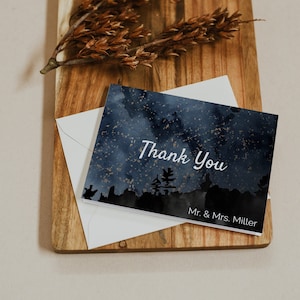 Obrigado casamento na floresta com noite estrelada escura | Download instantâneo | Modelo editável | Cartão de agradecimento da floresta em aquarela | Céu noturno