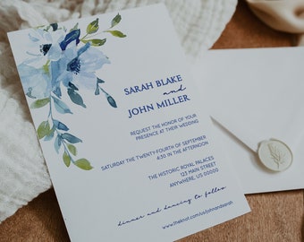 Blue Floral Wedding Invitation Template | Digital Download | Editable Template | Watercolor Floral Invitation | Garden Wedding