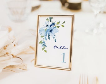 Plantilla de número de mesa de boda azul / Descarga digital / Plantilla editable / Números de mesa florales de acuarela / Boda en el jardín