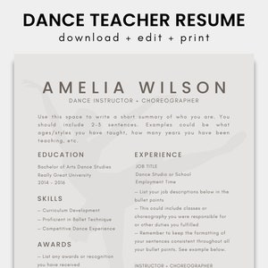 Dance Teacher Resume Template for Canva | Dance Instructor Resume | Choreographer Resume | Ballet Teacher Resume | Actor and Actress Resume