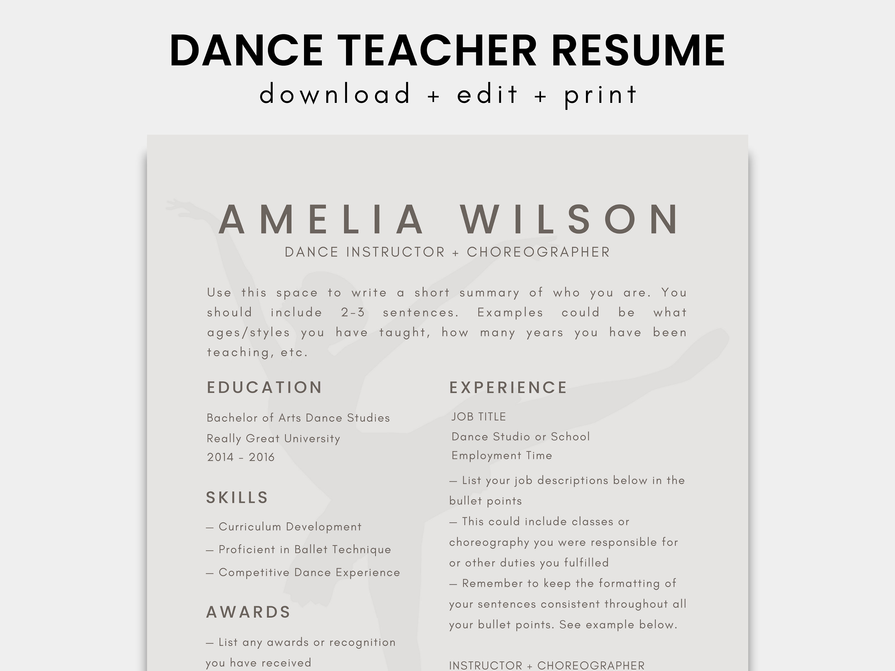 Dance Teacher Resume Template for - Il Fullxfull.5100230999 Cspu 
