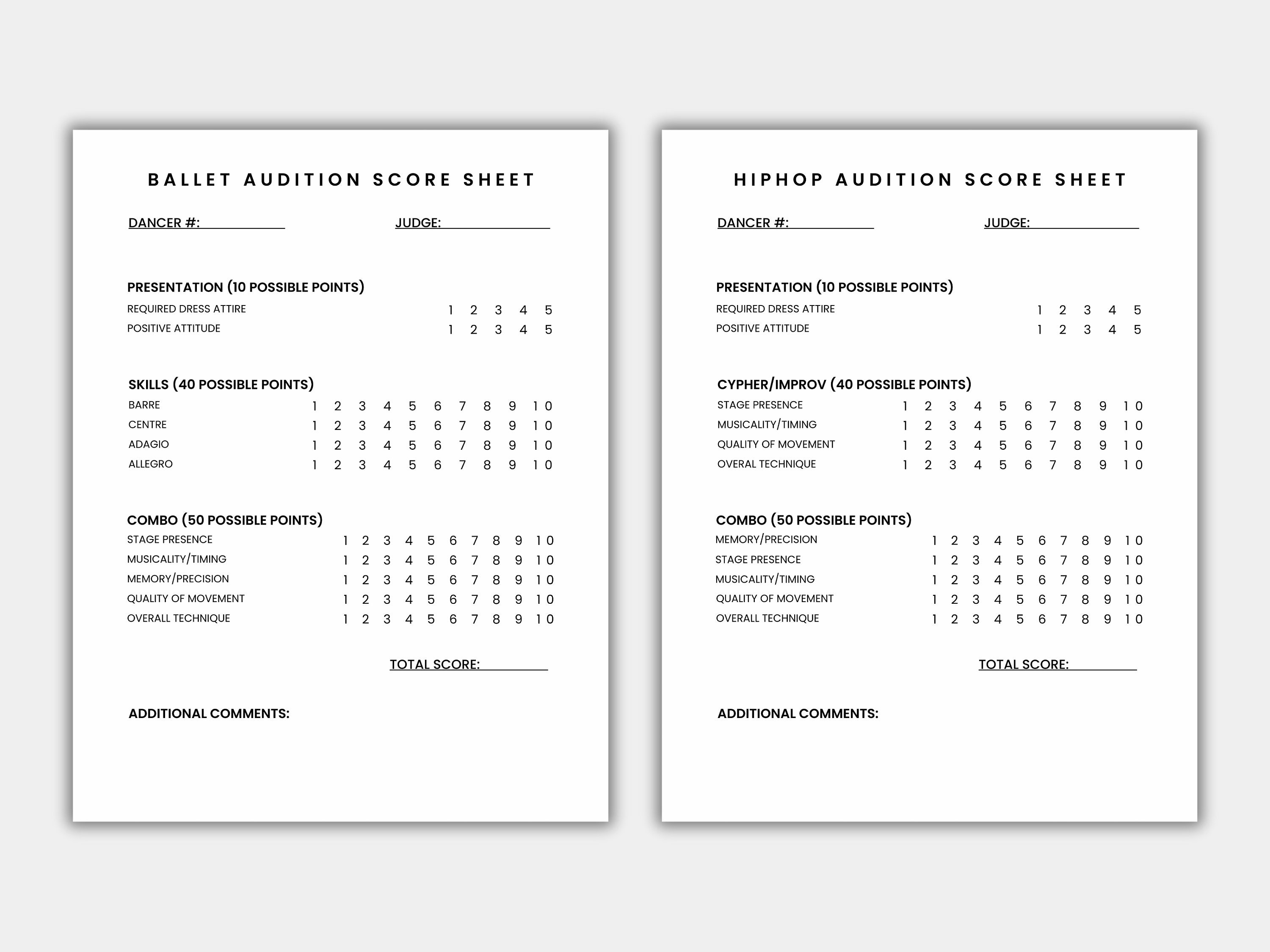 Dance Audition Score Sheet Dance Team Score Sheet Dance Competition