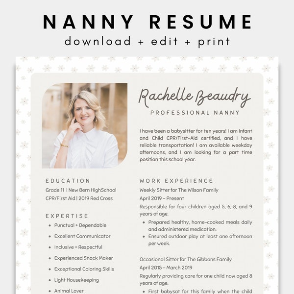 Nanny Resume Canva Template | Babysitter Resume | Childcare Resume | Caregiver | Cover Letter Template | Editable Printable Resume | Au Pair