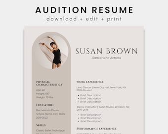 Dance Audition Resume Template for Canva | Audition Headshot and Cover Letter Template