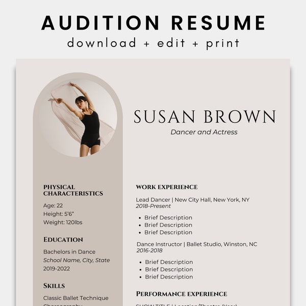 Dance Audition Resume Template for Canva | Audition Headshot and Cover Letter Template