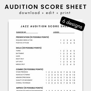 Scoreblad voor dansauditie | Dansteamscoreblad | Danscompetitie Teamscoreblad | Rechter blad