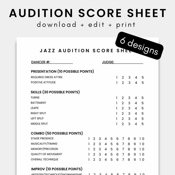 Dance Audition Score Sheet | Dance Team Score Sheet | Dance Competition Team Score Sheet | Judge Sheet