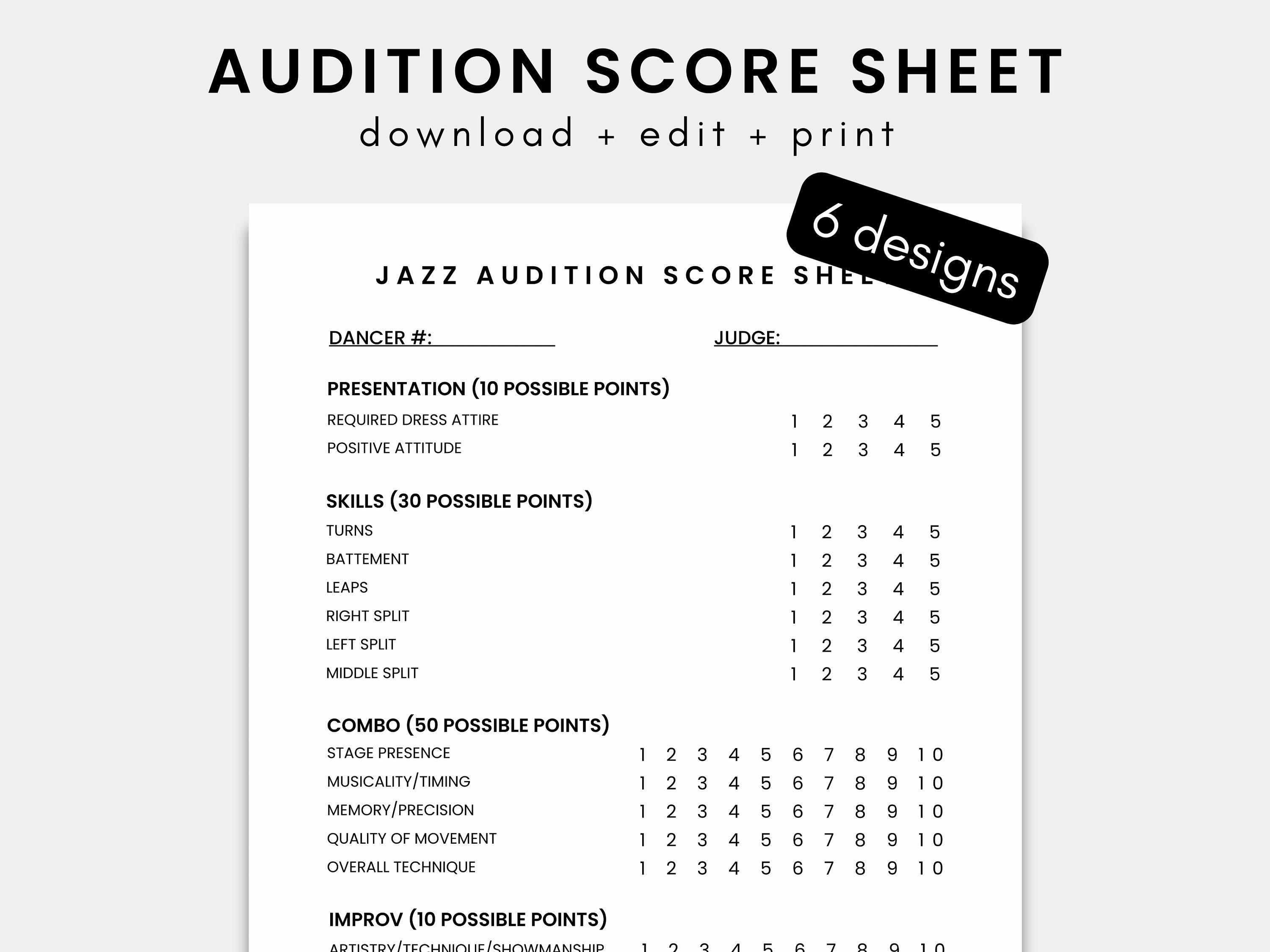 Dance Audition Score Sheet Dance Team Score Sheet Dance Competition ...