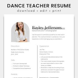 Dance Teacher Resume Template for Canva | Dance Instructor Resume | Choreographer | Ballet Teacher Resume | Actor, Actress | Minimalist