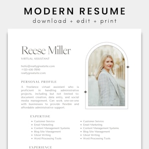 May include: A modern resume template with a black and white color scheme. The template features a photo of a woman in a light gray blazer, a title that reads "Reese Miller, Virtual Assistant", and a list of skills and experience.