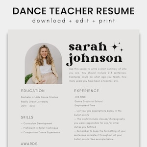Dance Teacher Resume Template for Canva | Dance Instructor Resume | Choreographer Resume | Ballet Teacher Resume | Actor and Actress Resume