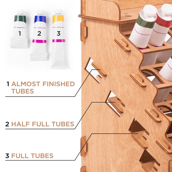 Plydolex Wooden Paint Organizer for 87 Paint Bottles and 14 Brushes - Paint Brush Holder with 6 Miniature Stands and Top Shelf - Convenient Paint