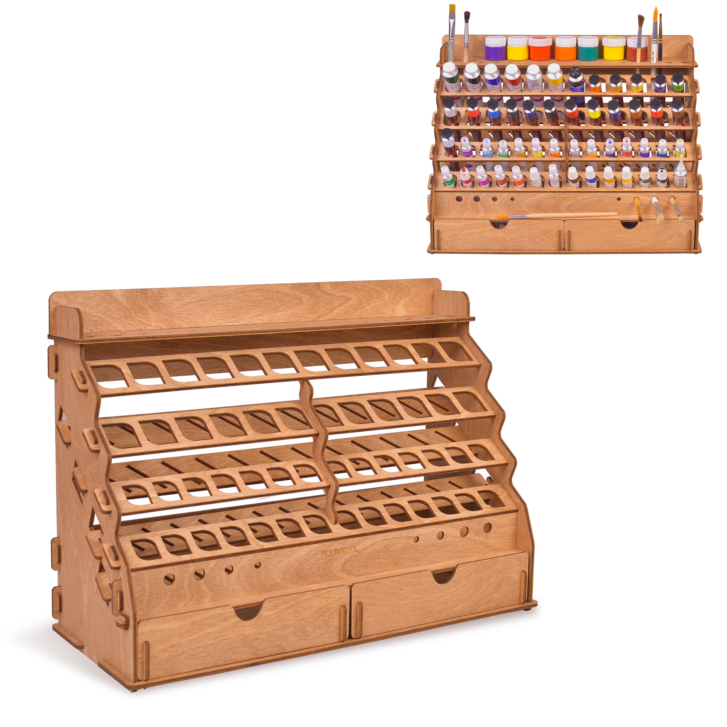 Plydolex Wooden Paint Organizer for 87 Paint Bottles and 14 Brushes - Paint Brush Holder with 6 Miniature Stands and Top Shelf - Convenient Paint