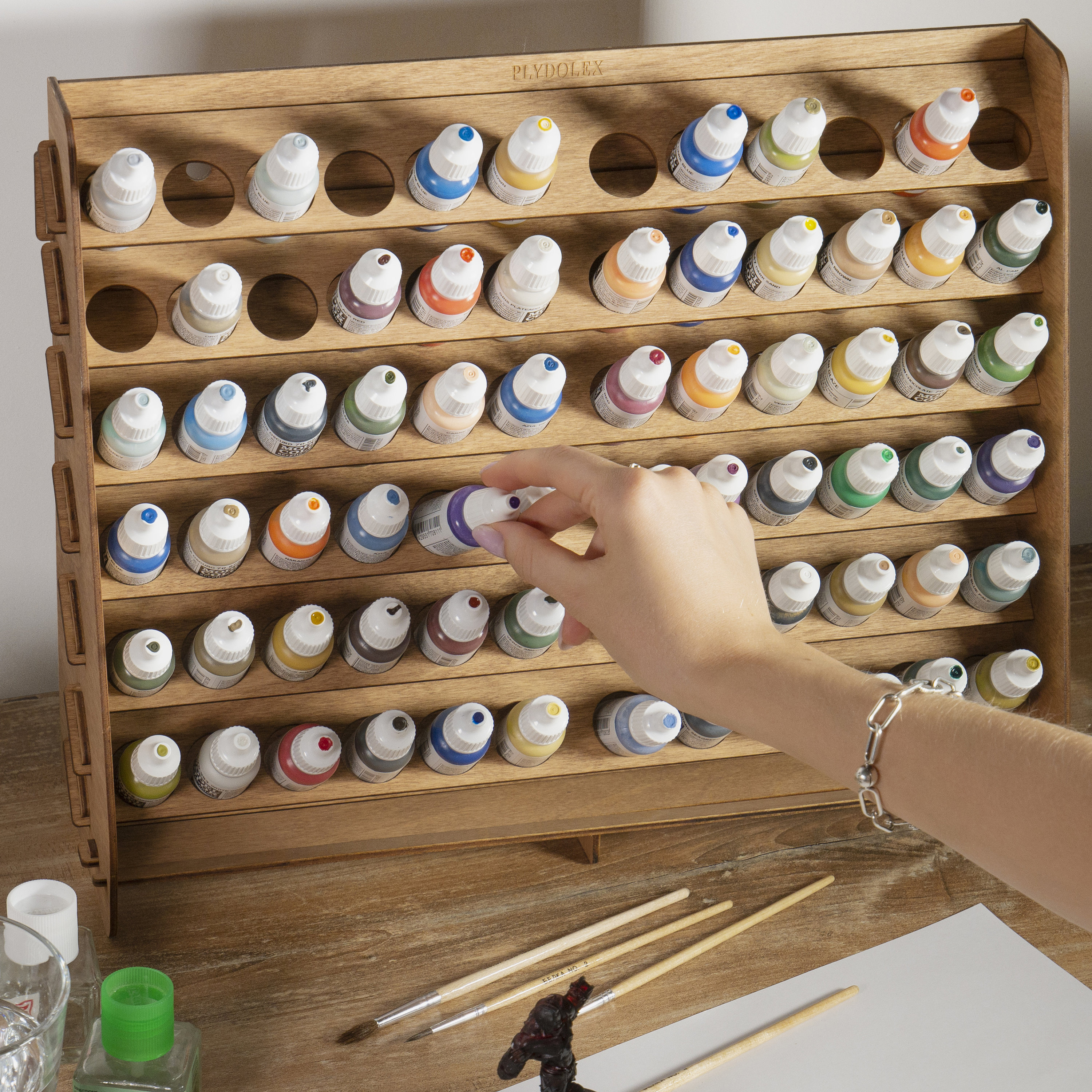 Plydolex Wooden Paint Organizer for 87 Paint Bottles and 14 Brushes - Paint  Brush Holder With 6 Miniature Stands and Top Shelf - Convenient Paint Rack