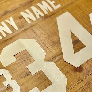 May include: Cream-coloured, die-cut letters and numbers are arranged on a wooden surface. The word "ANY NAME" is visible, along with the numbers "34". The numbers and letters are likely for a craft project or personalised item.