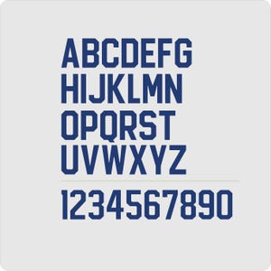 May include: A full alphabet and number set in a bold, sans-serif font. The letters and numbers are a deep blue colour and are displayed on a light grey background. The font has a unique, blocky design, with each character clearly defined.